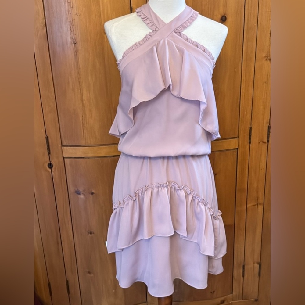 Parker lavender halter silk mini-dress, elastic waist, size XS, NWT.